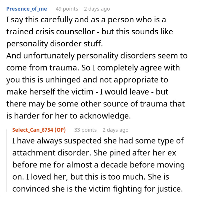 Screenshot of Reddit conversation discussing fianc&eacute;e&rsquo;s obsession with her bully and related personality disorder and attachment disorder concerns.