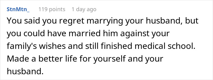 Comment discussing regret and perseverance after marrying a mechanic, reflecting on family rejection and survival at 55.