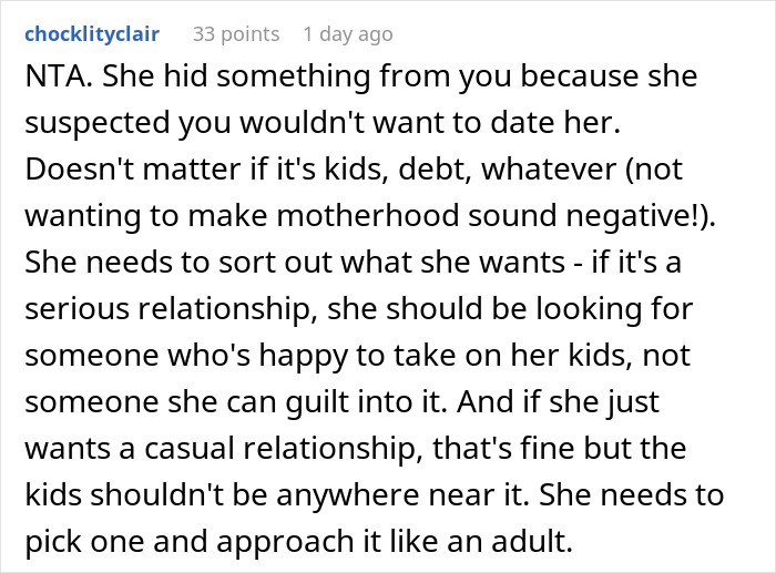 Man questions if he was wrong for dumping girlfriend after learning she has kids, wondering why she didn’t tell him. Man questions if he was wrong for dumping girlfriend after learning she has kids, wondering why she didn’t tell him.