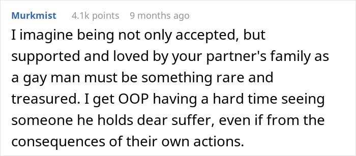 Comment by Murkmist expressing empathy for a gay man feeling torn between his husband and mother-in-law after secretly helping her.