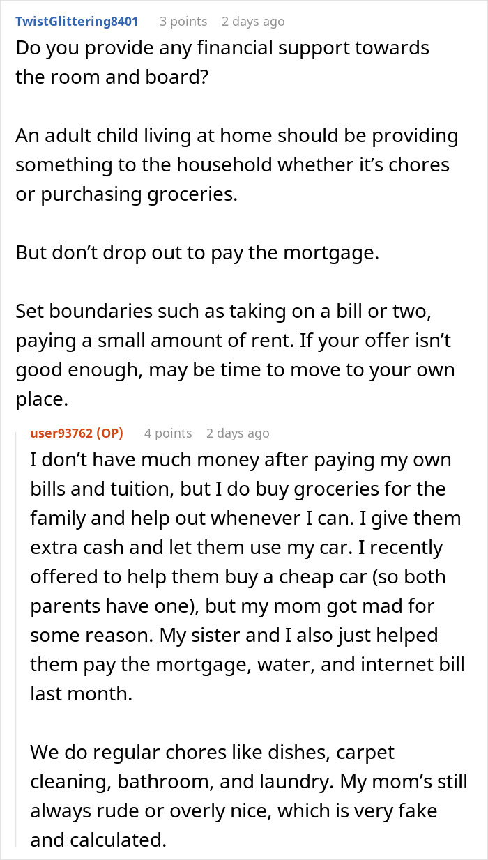 Text conversation about adult child contributing to household bills and chores despite mother demanding payment of mortgage.