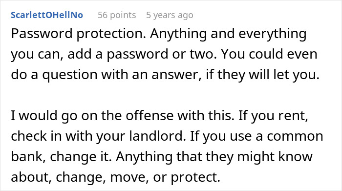 Screenshot of a Reddit comment discussing password protection and changing information to prevent parental interference or control.