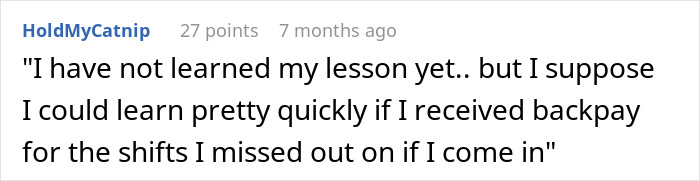 Comment about a boss suspending a waiter to teach him a lesson, mentioning backpay and returning to work.