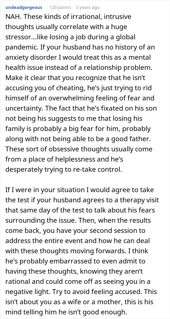Commenter explaining husband’s anxiety about paternity test for 3-year-old son and suggesting therapy instead.