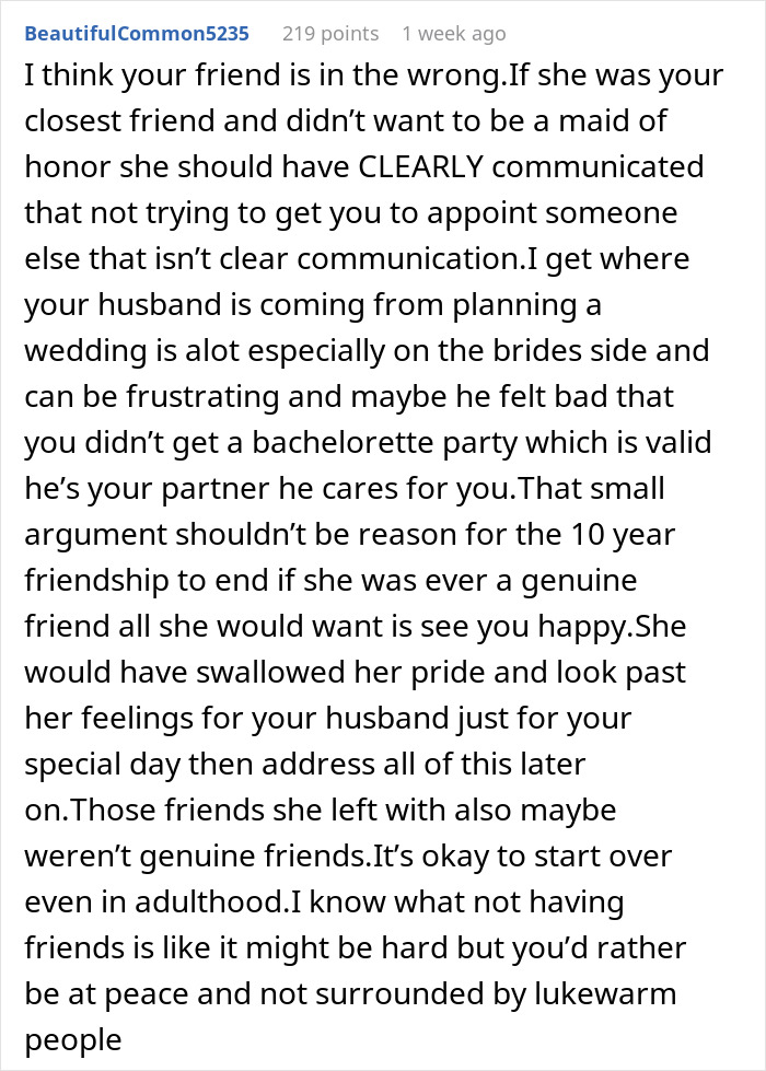 Comment discussing groom slamming maid of honor for low effort and maid of honor clapping back by dumping bestie bride before wedding.