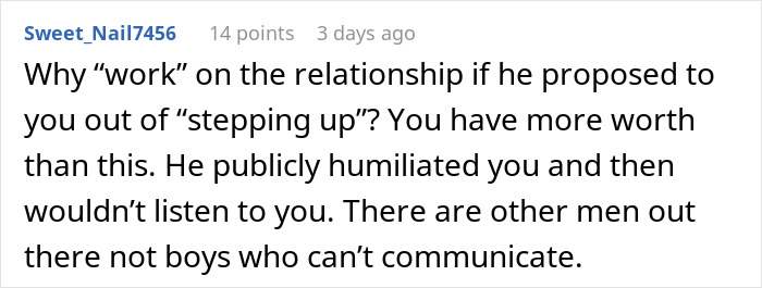 Comment discussing a man showing his true colors after assuming fianc&eacute;e is pregnant, causing shock and humiliation.