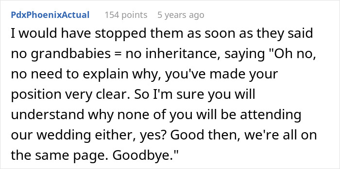 Commenter responding to man&rsquo;s parents guilt-tripping couple about having kids and threatening disinheritance online.