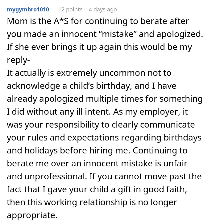 Comment discussing a babysitter giving a birthday gift and a mother becoming furious over the situation.