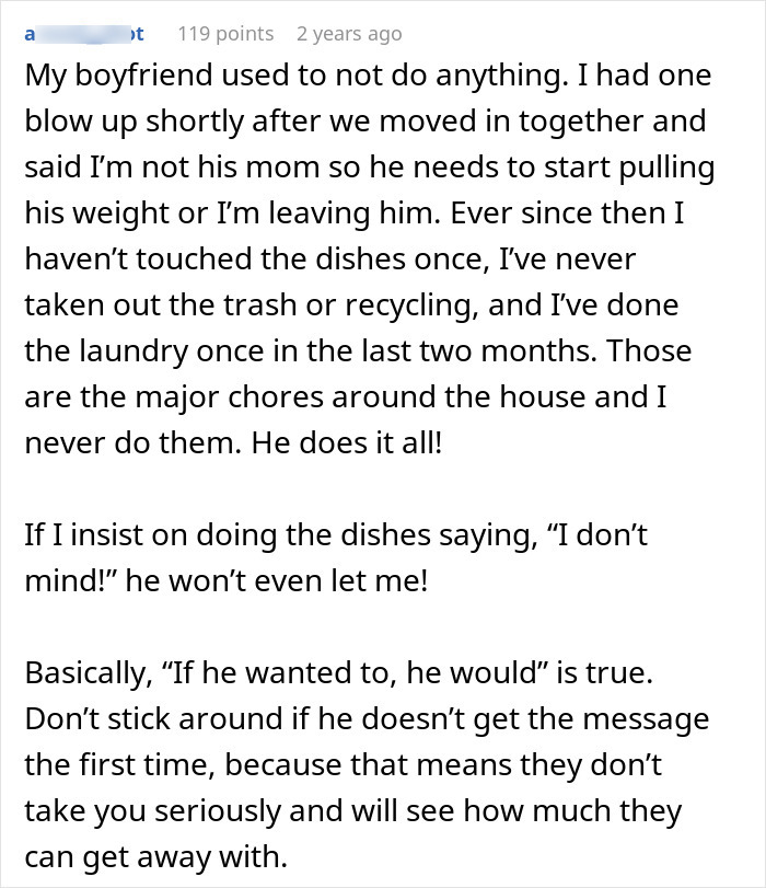 Screenshot of a Reddit post explaining how a wife decided to live like her husband, leaving him frustrated with chores.