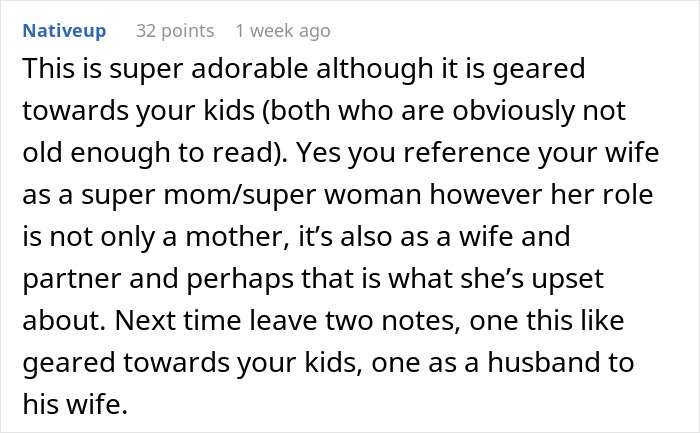 Comment discussing a husband&rsquo;s note to his wife, highlighting her roles and why she might be upset.