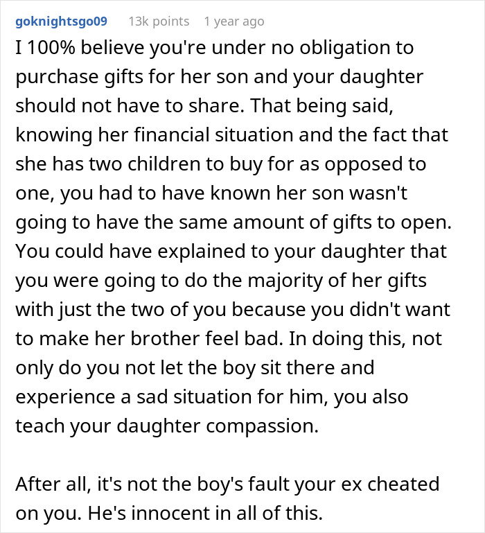 Reddit comment discussing gift disparity between daughter and half-brother and a dad feeling no guilt at Christmas. Reddit comment discussing gift disparity between daughter and half-brother and a dad feeling no guilt at Christmas.