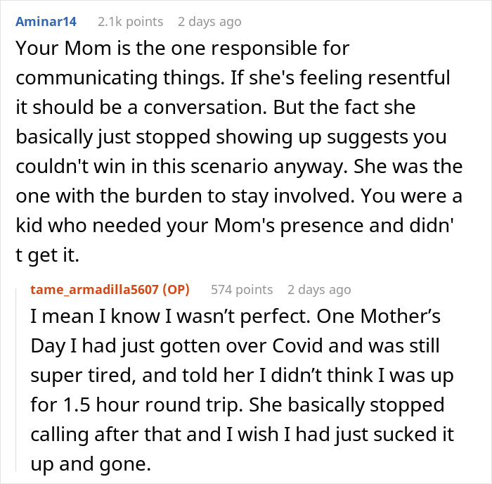 Mom blames daughter for picking dad in divorce, causing resentment and refusal to stay involved in her life.