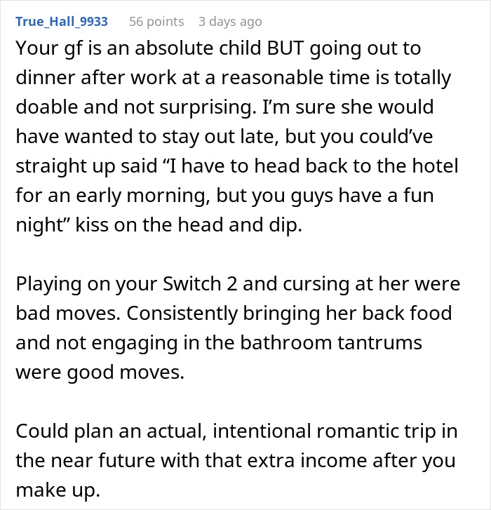 Comment text discussing a man losing it as his girlfriend misunderstands his business trip versus romantic getaway.