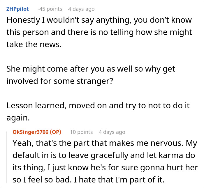 Reddit conversation showing a woman realizing her four-year relationship was a secret mistress situation.