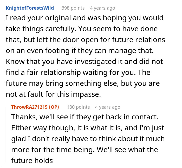 Screenshot of an online discussion about family deciding to forgive a man for beating his brother five years ago.
