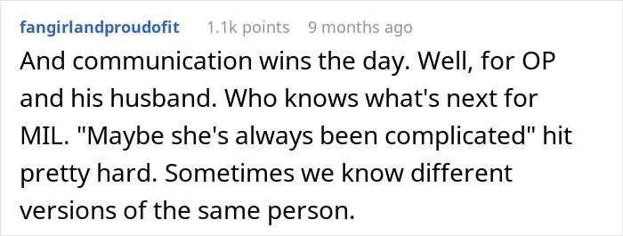 Screenshot of a Reddit comment discussing a man torn between his husband and mother-in-law after secretly helping her.
