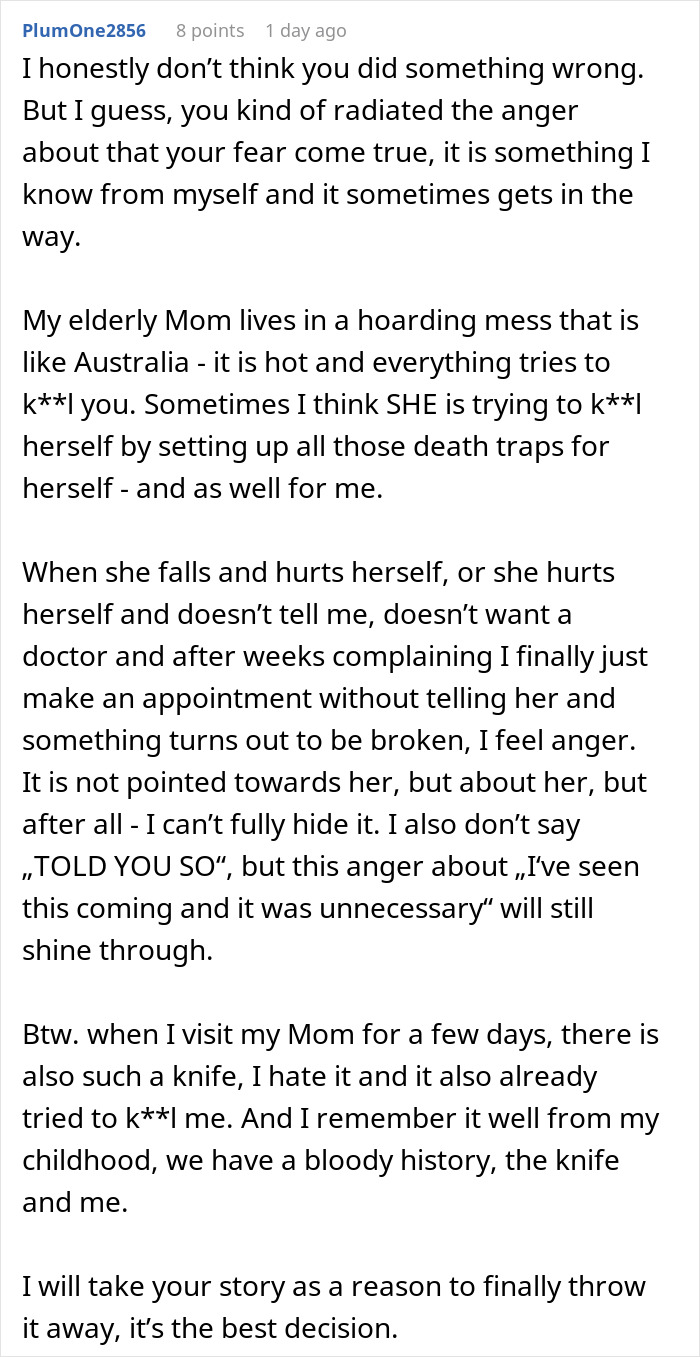 Comment discussing dangers of a gift from mother, husband warning wife about using a dangerous gift she ignores.