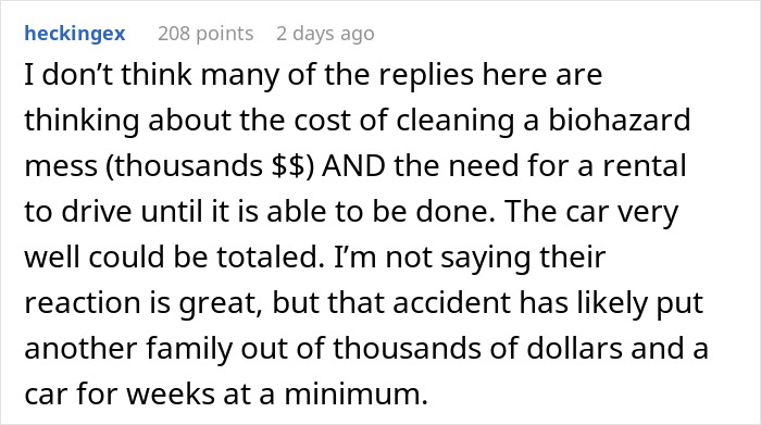 Text conversation screenshot discussing the cost and implications of cleaning a biohazard mess after a woman gives birth in friends' car.