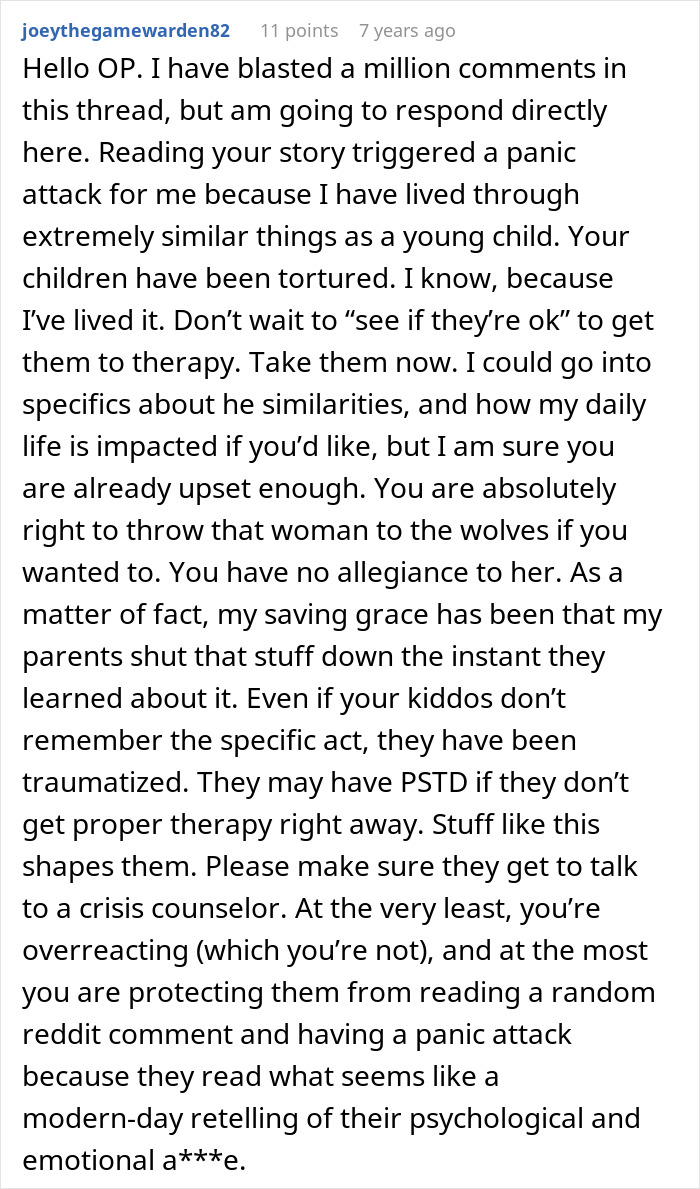 Reddit comment sharing experience and advice about trauma when mil tells kids parents passed away, urging therapy support.