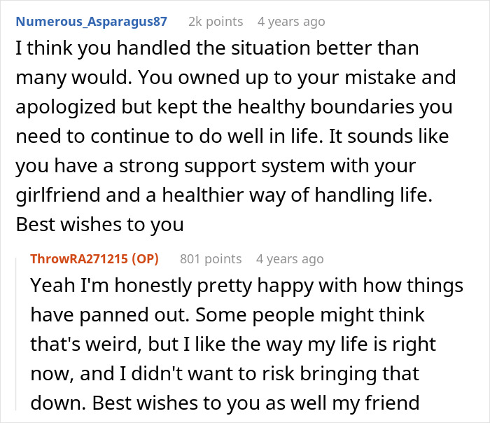 Reddit conversation about family forgiveness and personal boundaries after an incident five years ago.