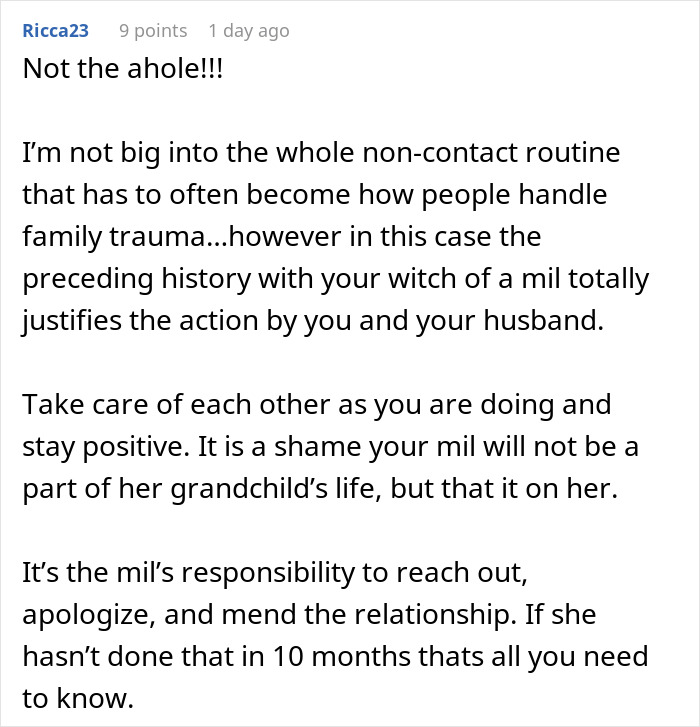 Comment discussing family trauma and no-contact routine due to evil lady mistreating daughter-in-law after hospital incident. Comment discussing family trauma and no-contact routine due to evil lady mistreating daughter-in-law after hospital incident.