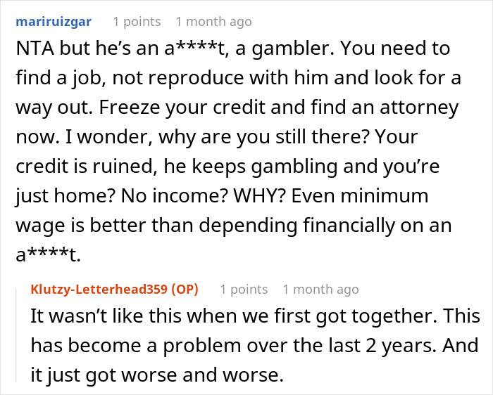 ALT text: Online forum discussion about a husband blaming SAHM wife for financial problems and advice to get a job or seek divorce.