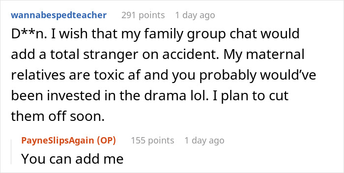 Screenshot of a Reddit conversation about a guy added to a random family group chat and becoming emotionally invested.