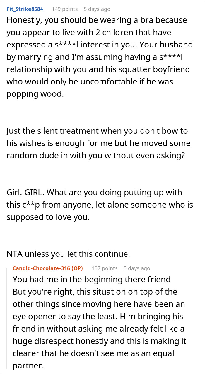 Online discussion about a woman who never wears a bra at home and how it suddenly starts bothering her husband. Online discussion about a woman who never wears a bra at home and how it suddenly starts bothering her husband.