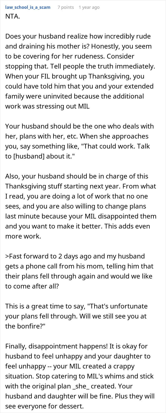 Screenshot of a Reddit comment discussing a woman refusing to attend MIL&rsquo;s Thanksgiving after being reinvited.