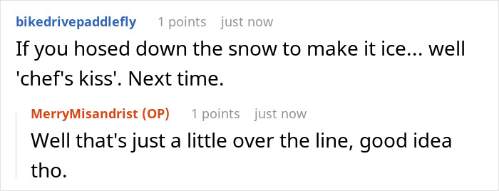Comments discussing snowing neighbors’ illegally parked car with ideas on hosing snow to create ice as a prank. Comments discussing snowing neighbors’ illegally parked car with ideas on hosing snow to create ice as a prank.