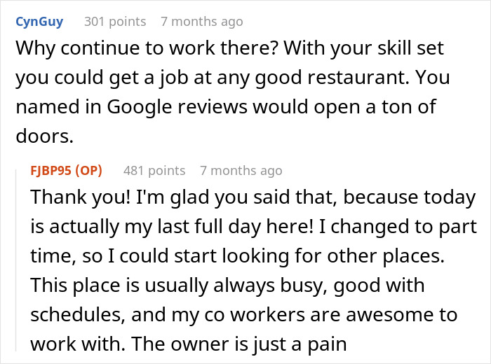 Text conversation about a waiter discussing changing jobs, mentioning a boss who suspended him to teach a lesson.