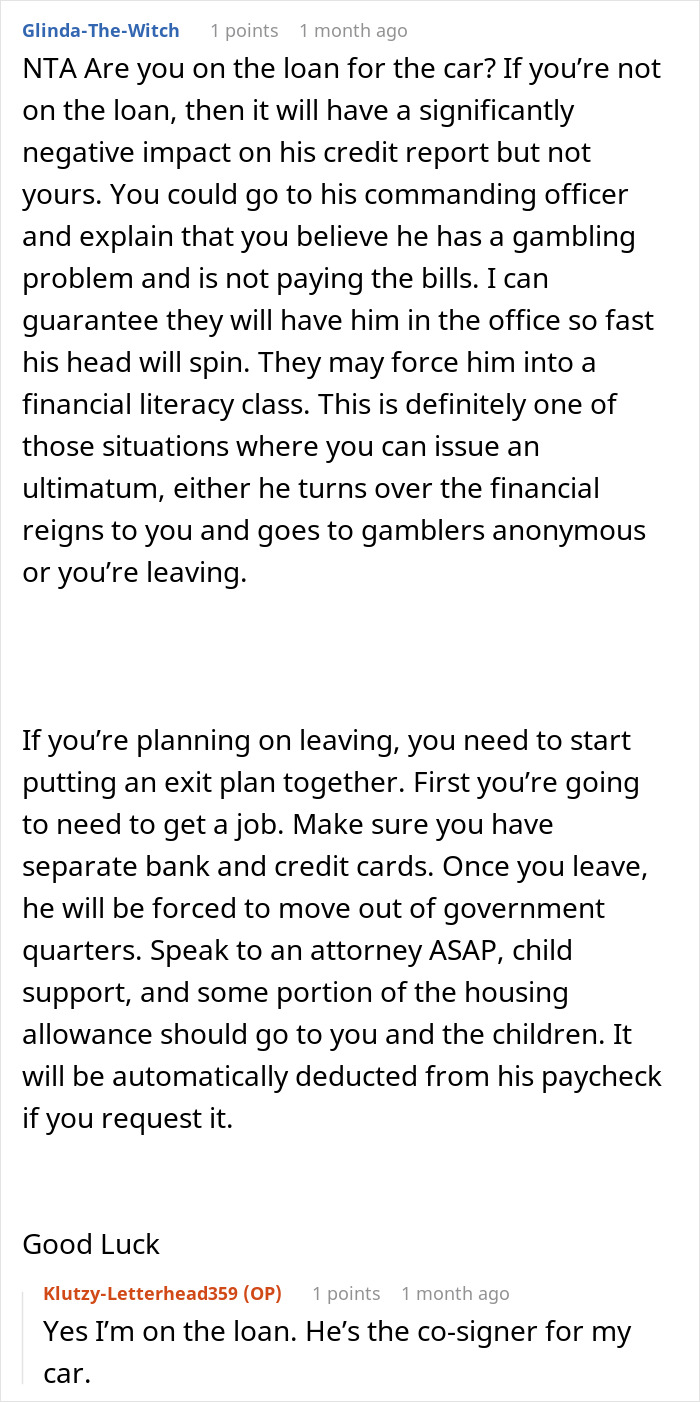 Comment discussing financial problems between husband and SAHM wife and advice on job and divorce plans