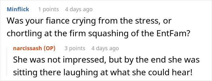 Screenshot of a conversation discussing estranged relatives demanding access to a wedding they were never invited to.