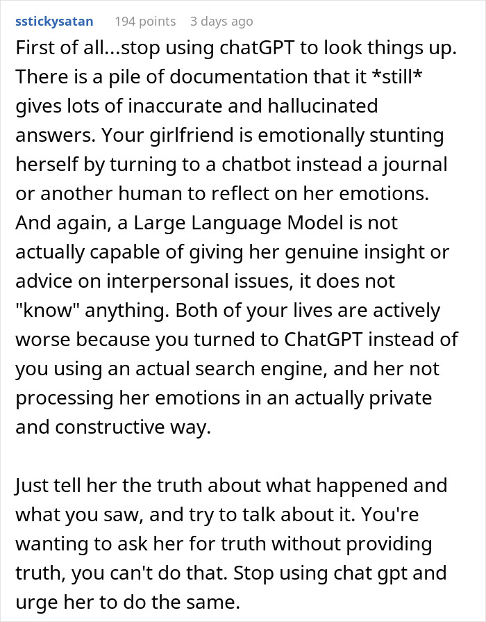 Comment discussing the use of AI as a personal relationship coach and concerns over emotional impact and advice accuracy.
