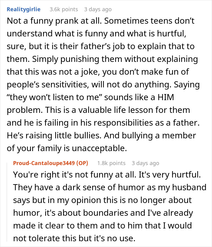 Comments discussing stepdaughters&rsquo; gift pushing woman to her limits and sharing a viral conversation with husband.