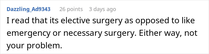 Reddit comment discussing elective surgery, reflecting coworkers pressuring guy to donate PTO while he counts his days.