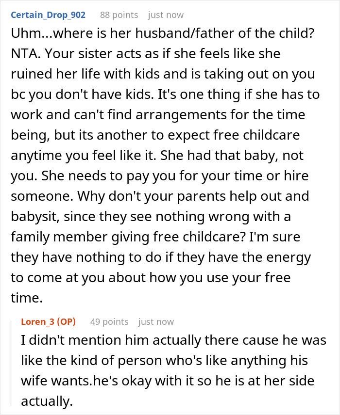 Reddit discussion about a woman fleeing her home after family pressures force her to provide free childcare.
