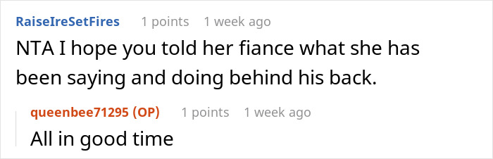 Screenshot of an online discussion where a woman bans her best friend's baby and husband from her engagement party, causing friendship issues.