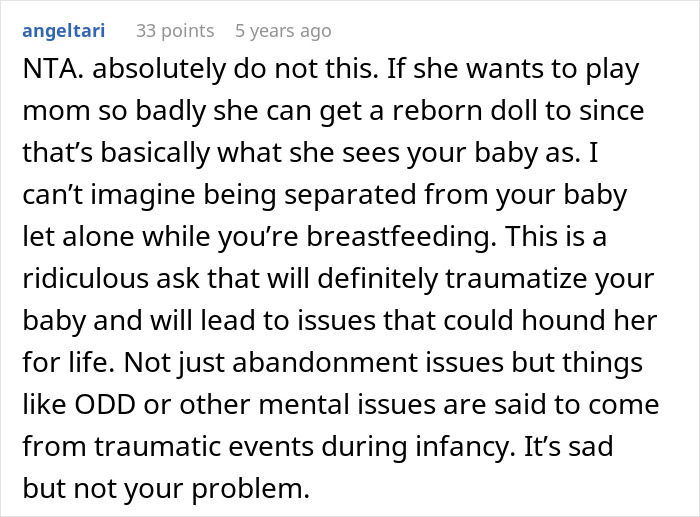 Reddit comment discussing cousin with cancer wanting to borrow baby to experience motherhood and the concerns raised.