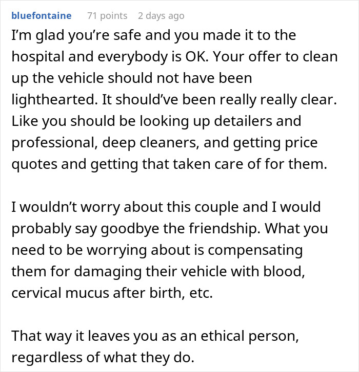Comment discussing cleaning and compensation concerns after a woman gives birth in friends' car and faces confusion.