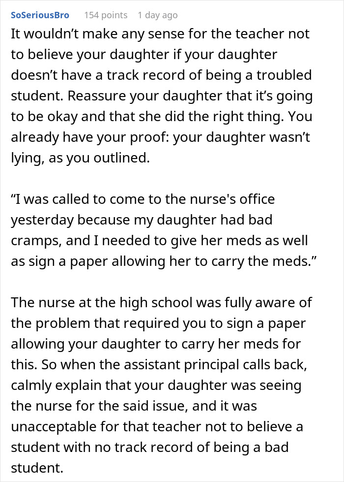 Screenshot of a Reddit comment discussing a mom&rsquo;s struggle after a teacher ignores her daughter&rsquo;s emergency at school.