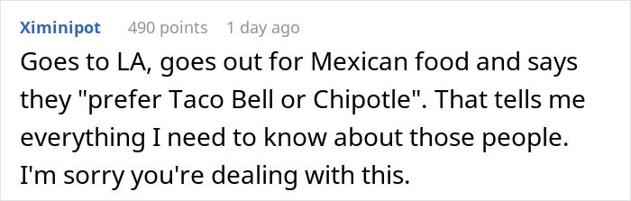 Commenter expressing sympathy about dealing with GF&rsquo;s parents insisting on suite bedroom and BF&rsquo;s car during their visit.