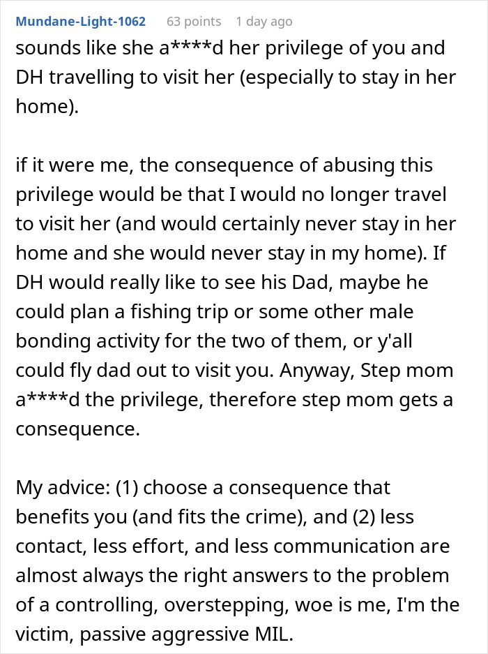 Text from an online comment discussing consequences for abusing privilege related to visits and controlling MIL behavior.
