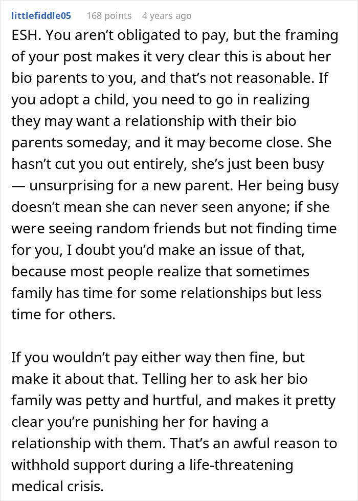 Reddit comment screenshot about a selfish lady ignores adopted family and bonding with her biological parents.