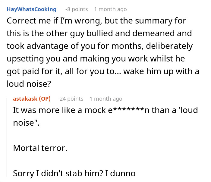Screenshot of a Reddit conversation about a guy using theatrics to scare a workplace bully as revenge.