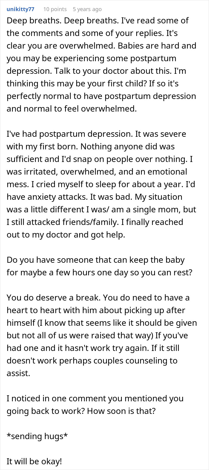 Commenter offers support and advice about postpartum depression and handling household responsibilities in a parenting discussion. Commenter offers support and advice about postpartum depression and handling household responsibilities in a parenting discussion.