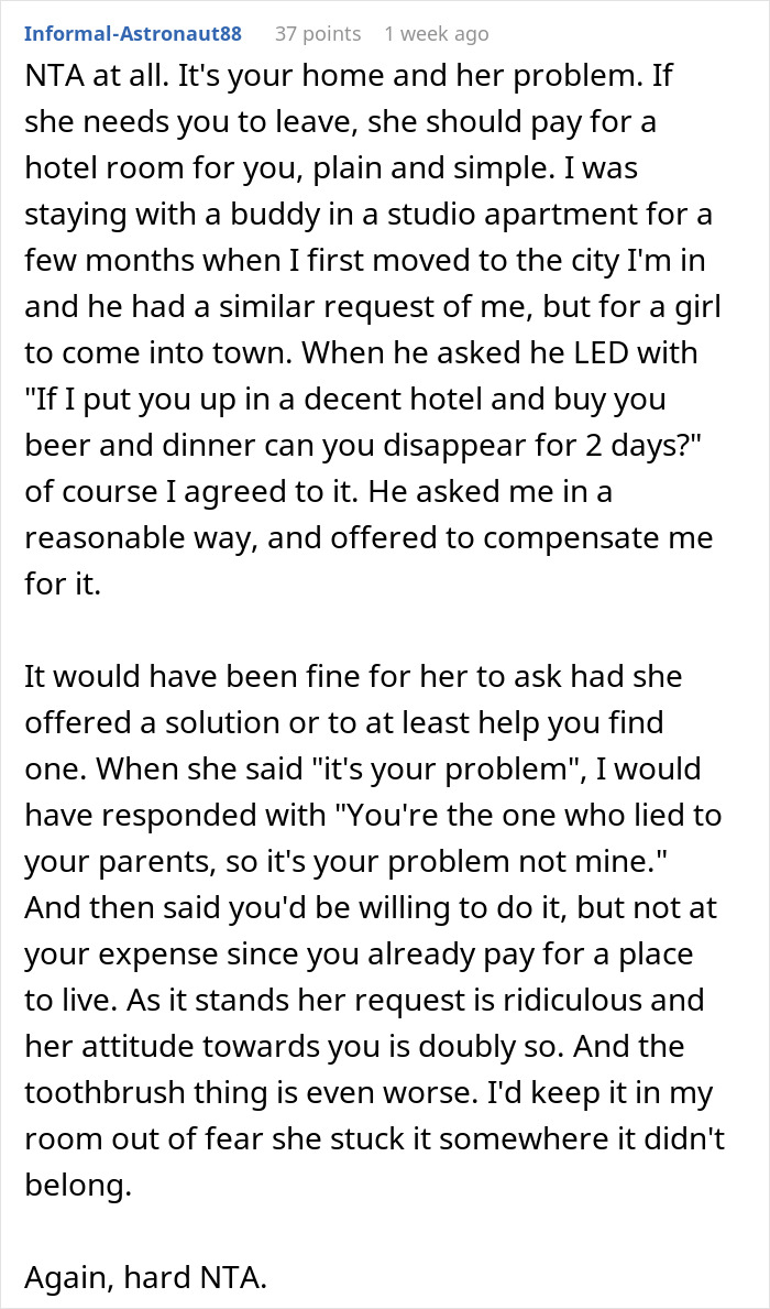 Screenshot of a Reddit comment discussing a guy refusing to pay for a hotel to help his roommate lie to family.