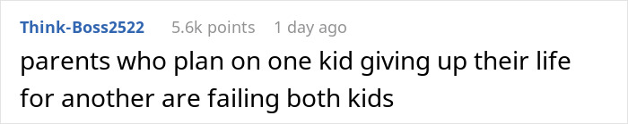 Comment text on a white background discussing parents sacrificing their life for one kid while caring for another, highlighting feelings of being trapped.