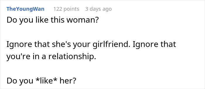 Screenshot of an online post debating feelings about a woman amid confusion over a business trip versus romantic getaway.