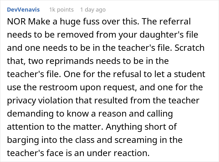 Comment discussing a mom's struggle and teacher's refusal Ignoring daughter's emergency causing rage and demands for reprimands.